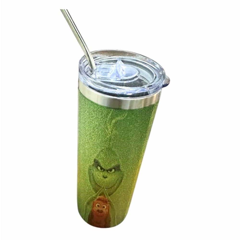 The Grinch Bling Crystal Green Tumbler with Straw featuring classic Grinch image